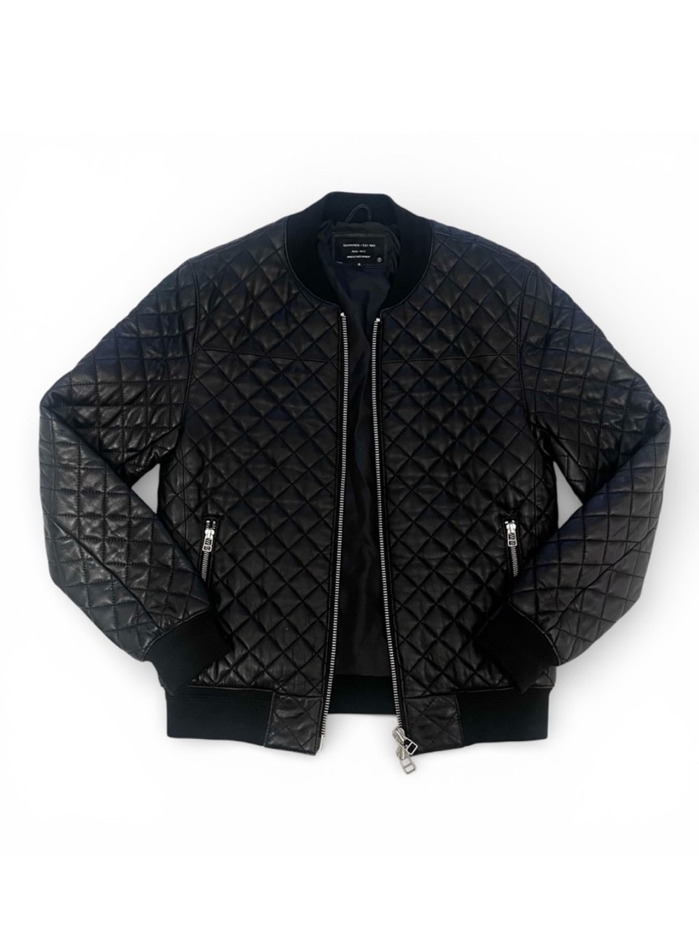 7Diamonds Black Diamond Quilted Fitted Leather Bomber Jacket small